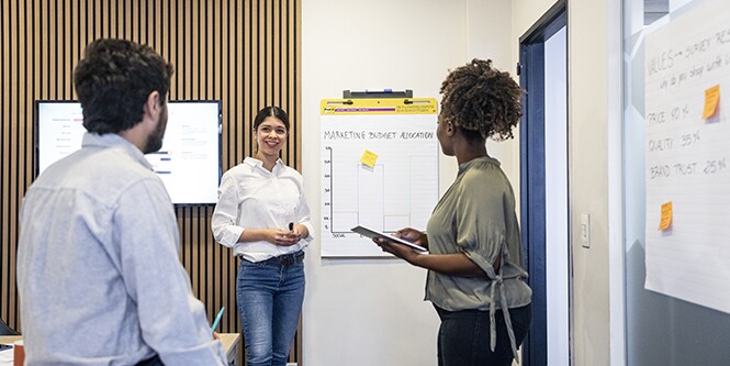 Team brainstorming with Post-it® Meeting Chart and Post-it® Notes in a meeting room
